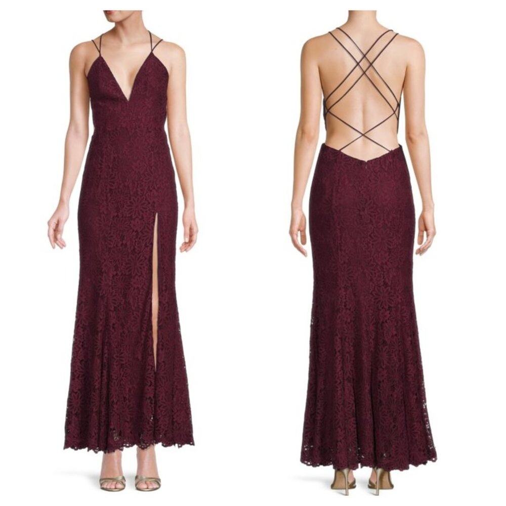Fame & Partners Lace Gown Wine Red Slit Front Strappy Backless Dress 4